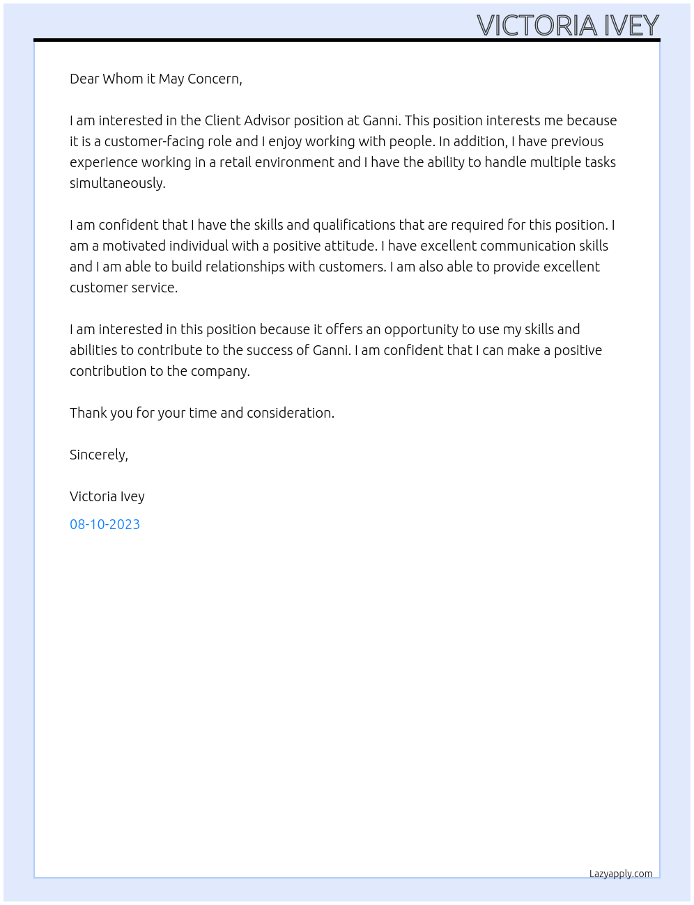 Client Advisor At Ganni Cover Letter