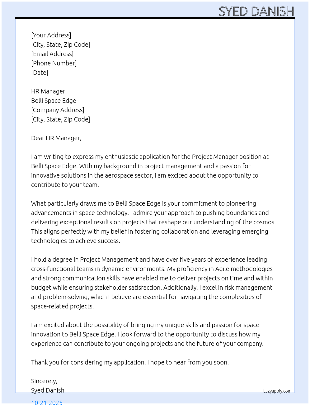 Project Manager At Belli Space Edge Cover Letter