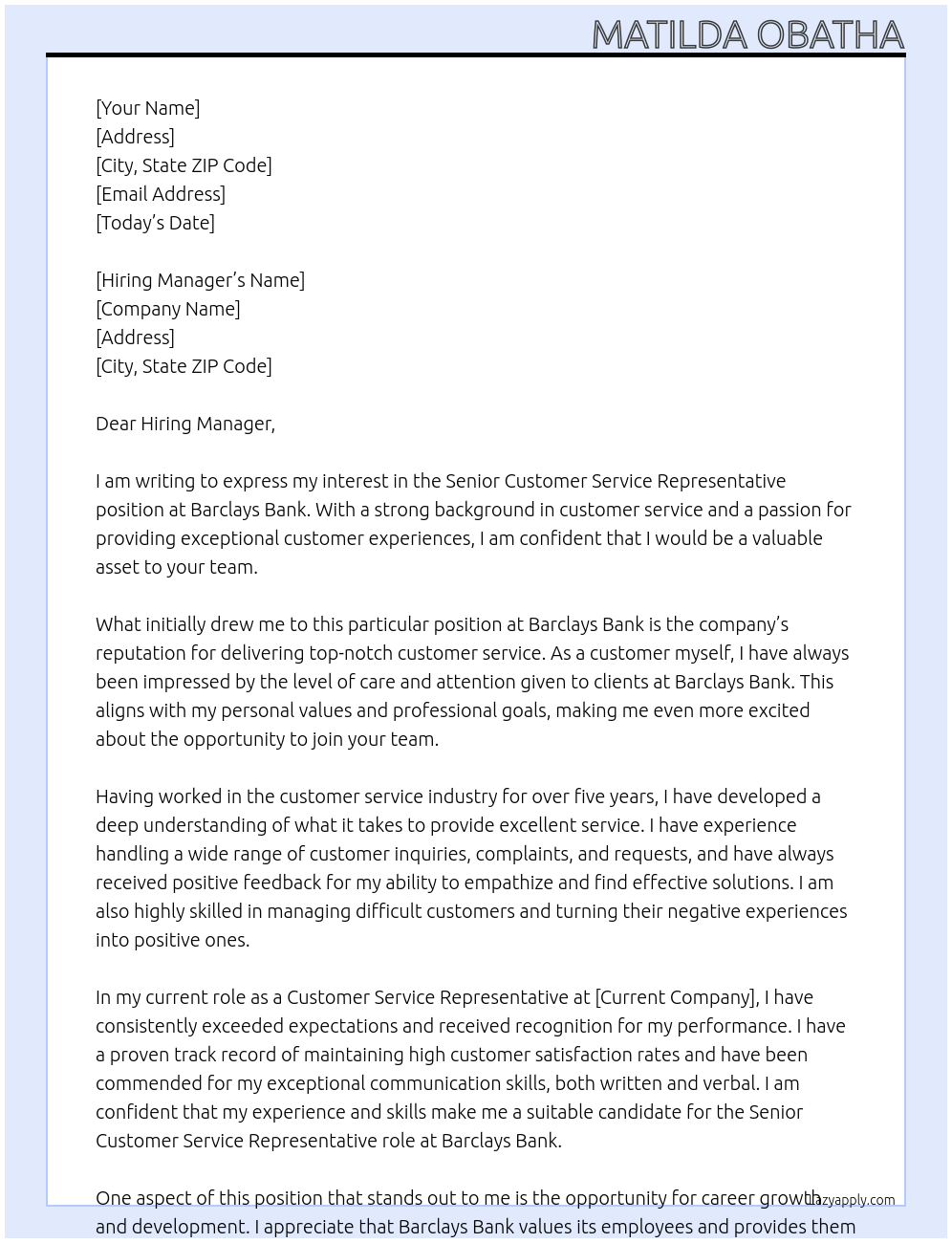 Senior customer service representative At Barclays bank Cover Letter