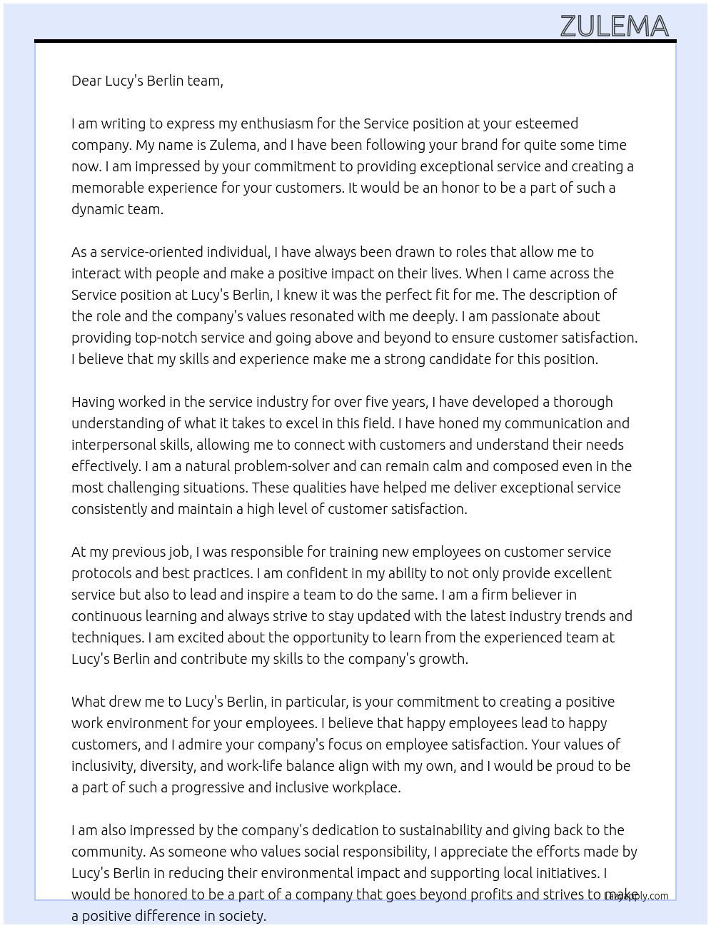 Service At Lucy's Berlin Cover Letter