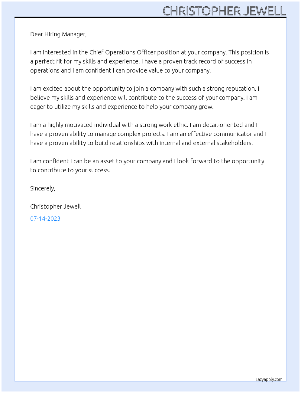 Chief Operations Officer At your company Cover Letter