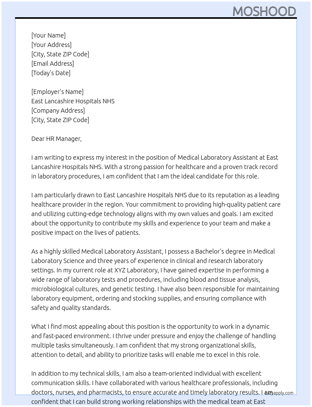 medical laboratory assistant  At  East Lancashire Hospitals NHS Cover Letter