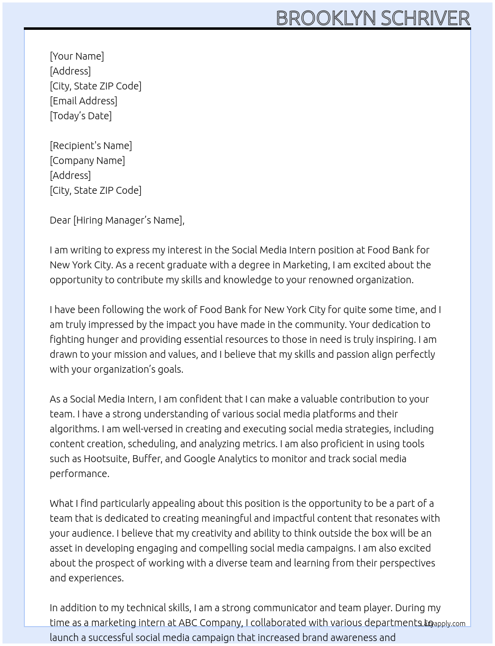 Social Media Intern At Food Bank for New York City Cover Letter