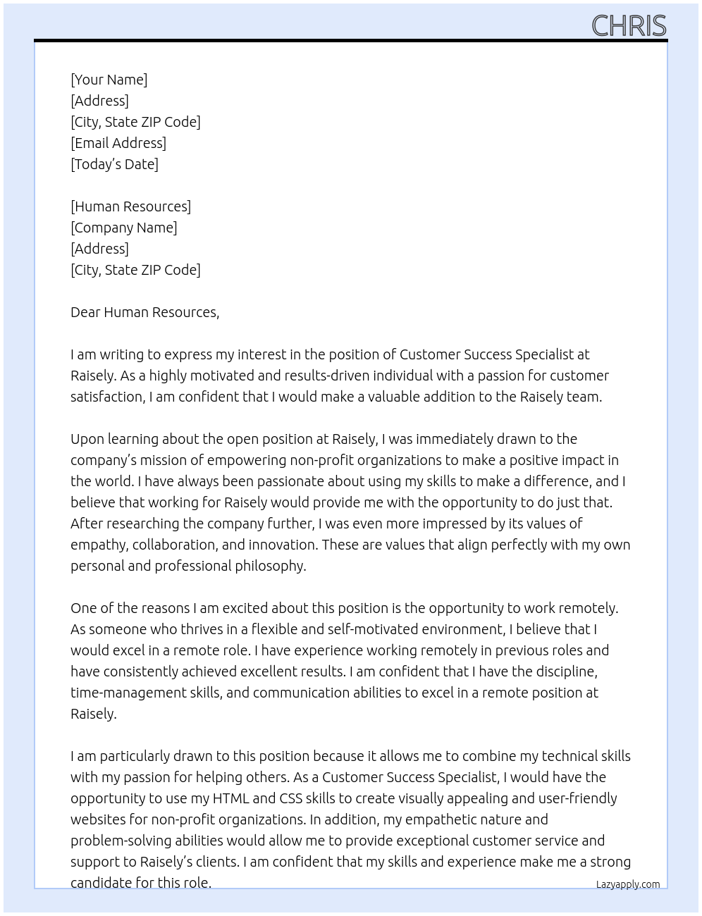 Customer Success Specialist At Raisely Cover Letter