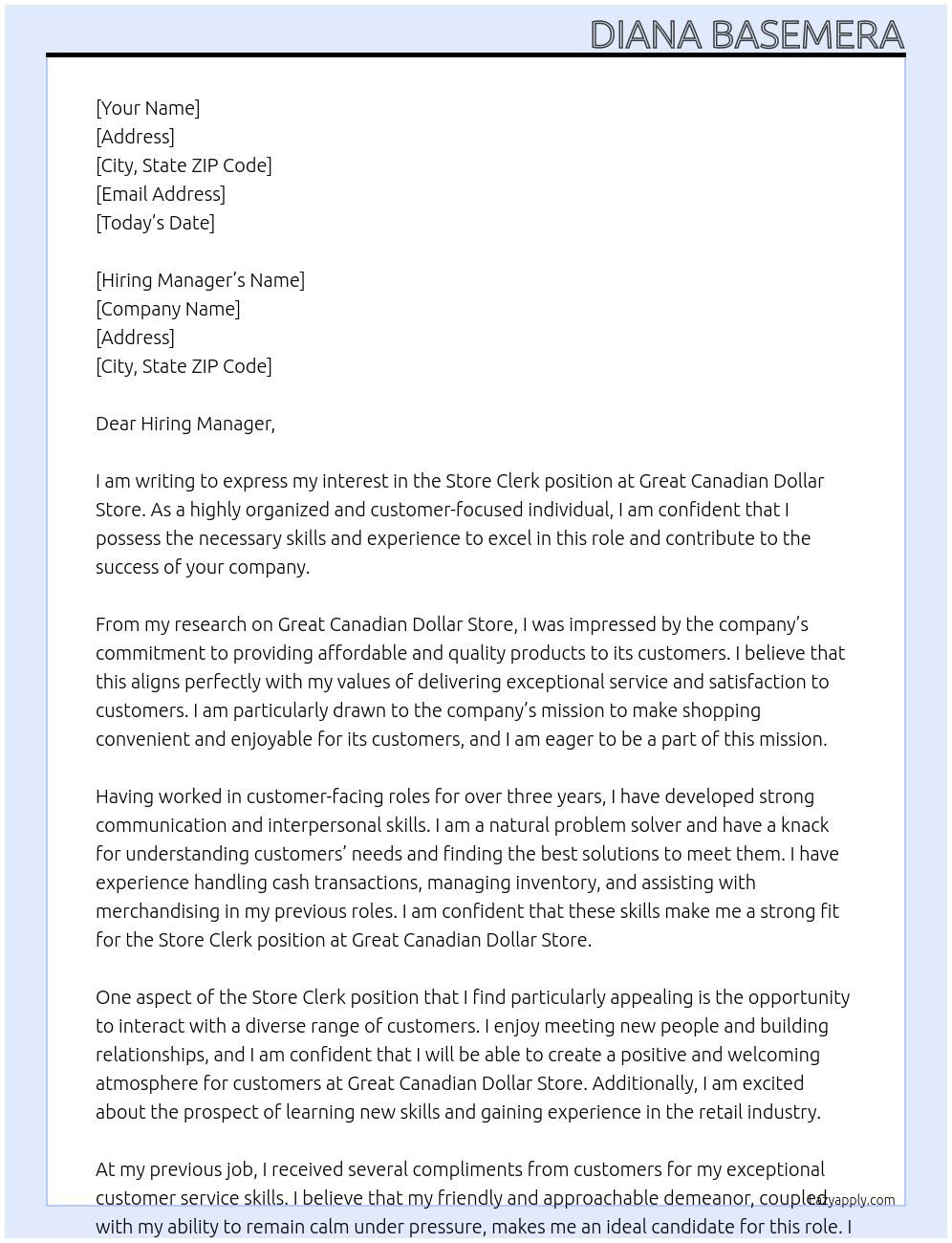 Store clerk At Great Canadian Dollar store Cover Letter