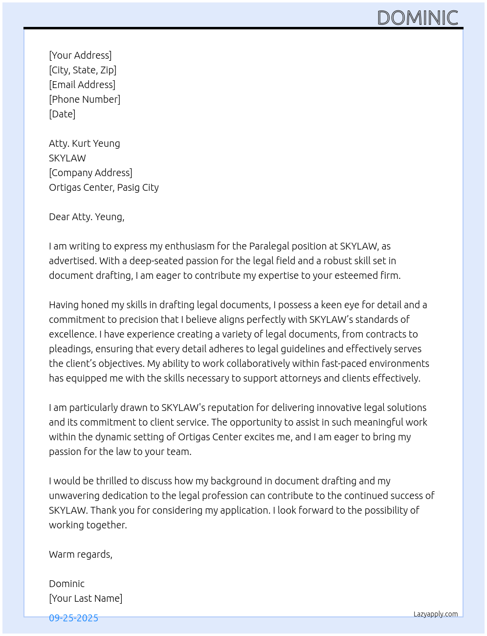 Paralegal At SKYLAW Cover Letter
