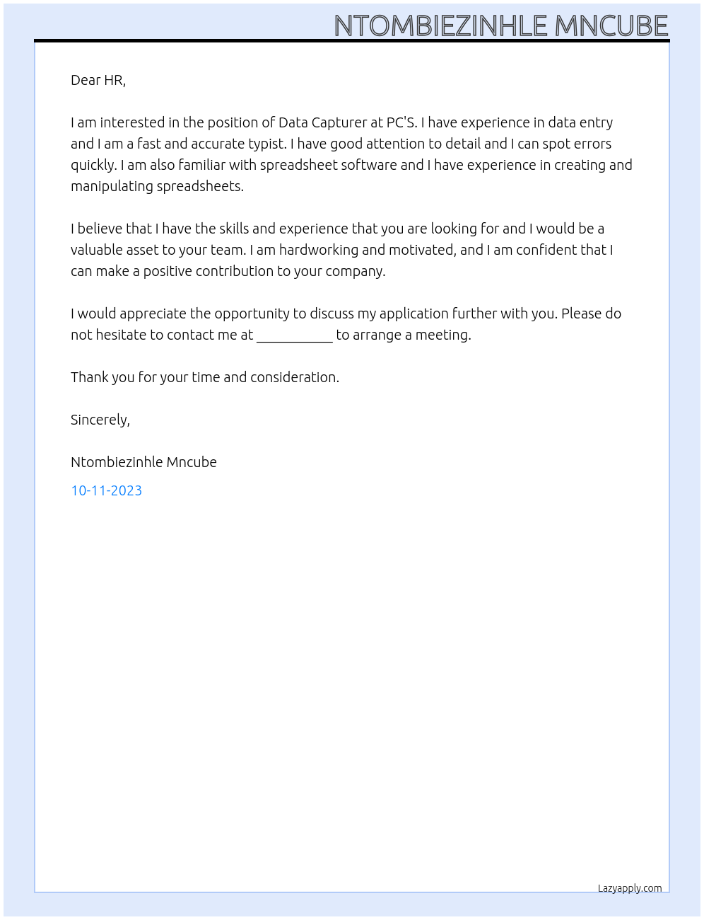 Data Capturer At PC'S Cover Letter