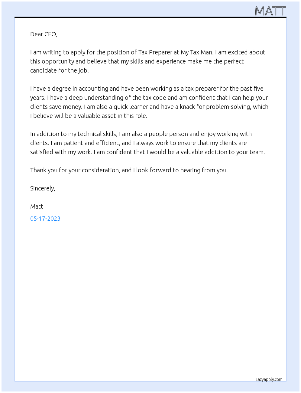 Tax Preparer At My Tax Man  Cover Letter