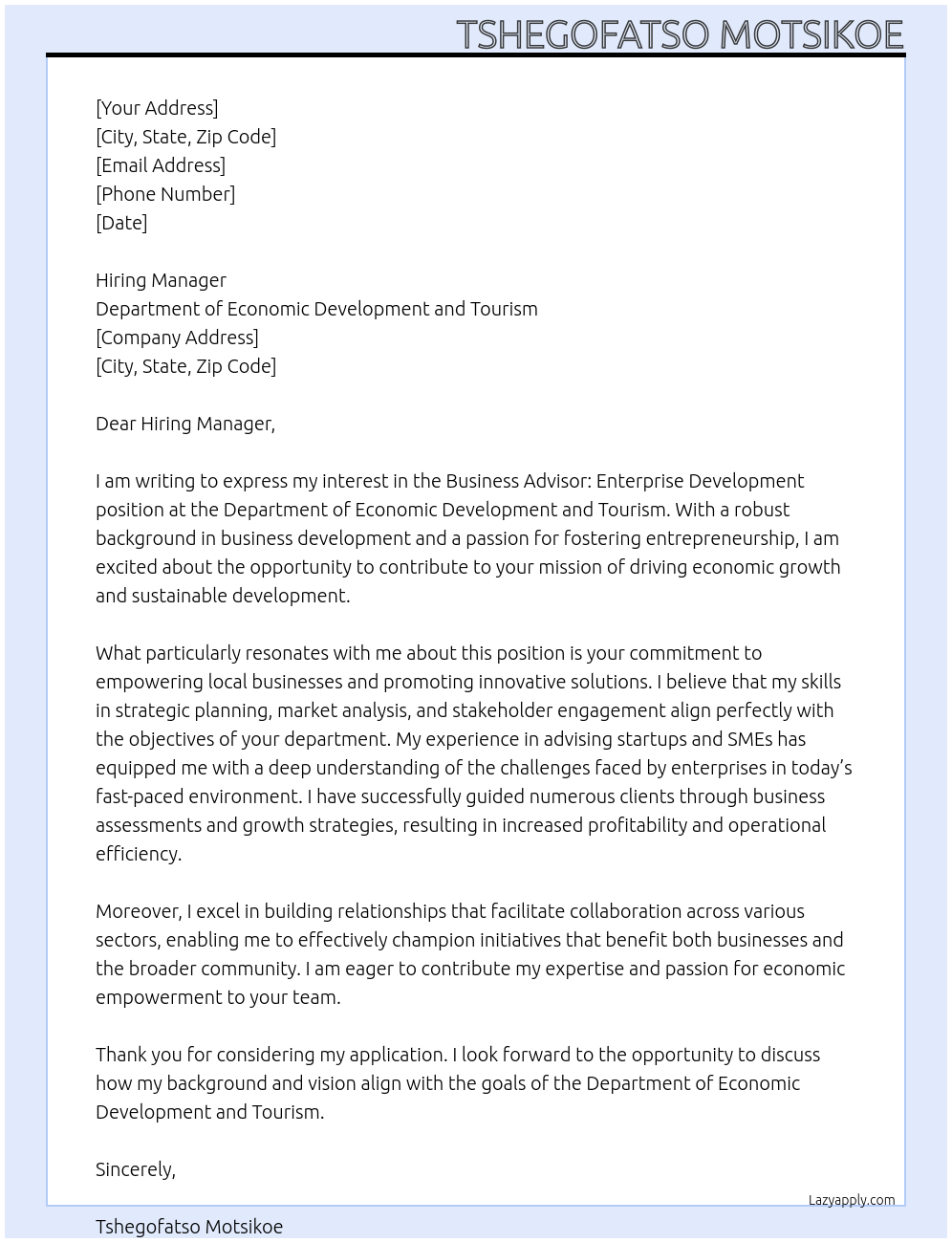 Cover letter for business advisor: enterprise development - LazyApply