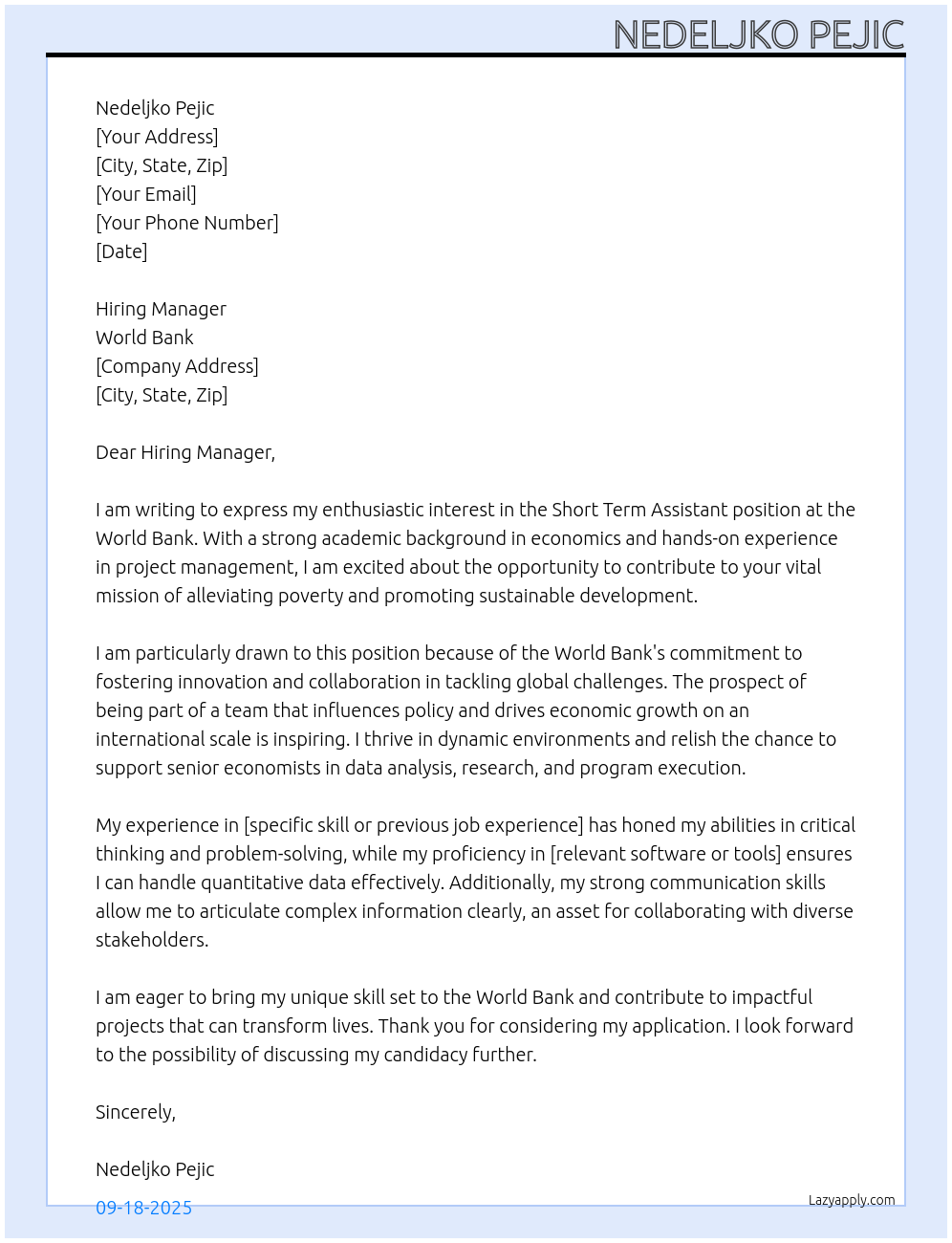 Short Term Assistant At World Bank  Cover Letter