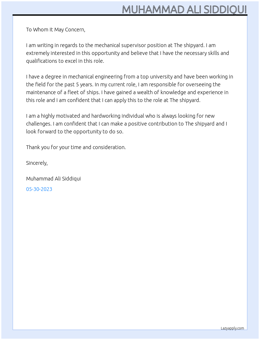 mechanical supervisor At The shipyard Cover Letter