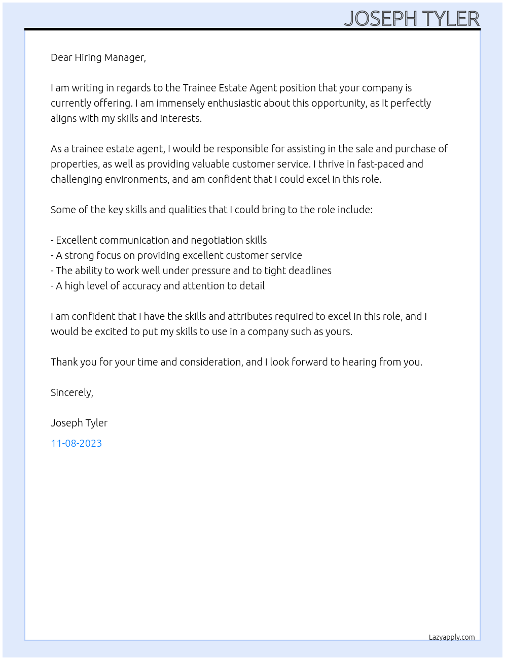 Trainee estate agent At estate agents Cover Letter