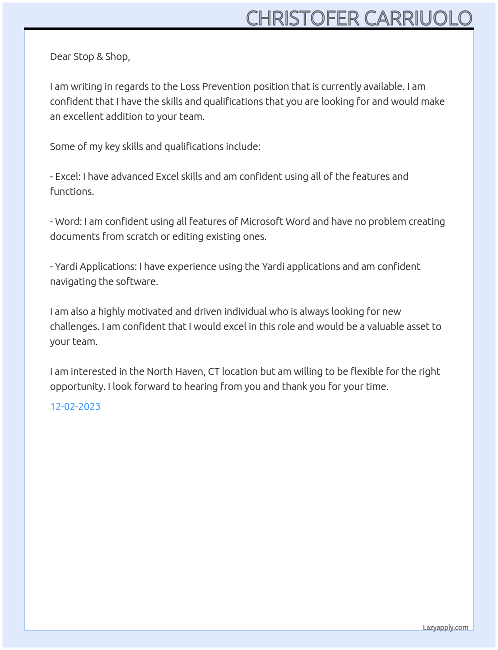 Loss prevention At Stop & Shop  Cover Letter