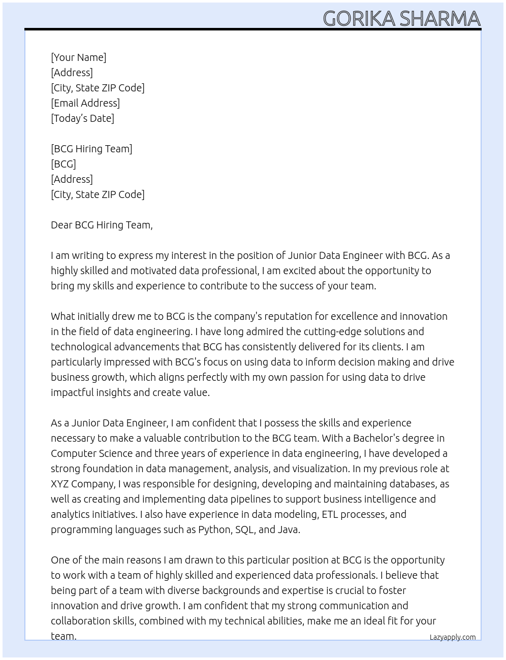 Junior Data Engineer At BCG Cover Letter