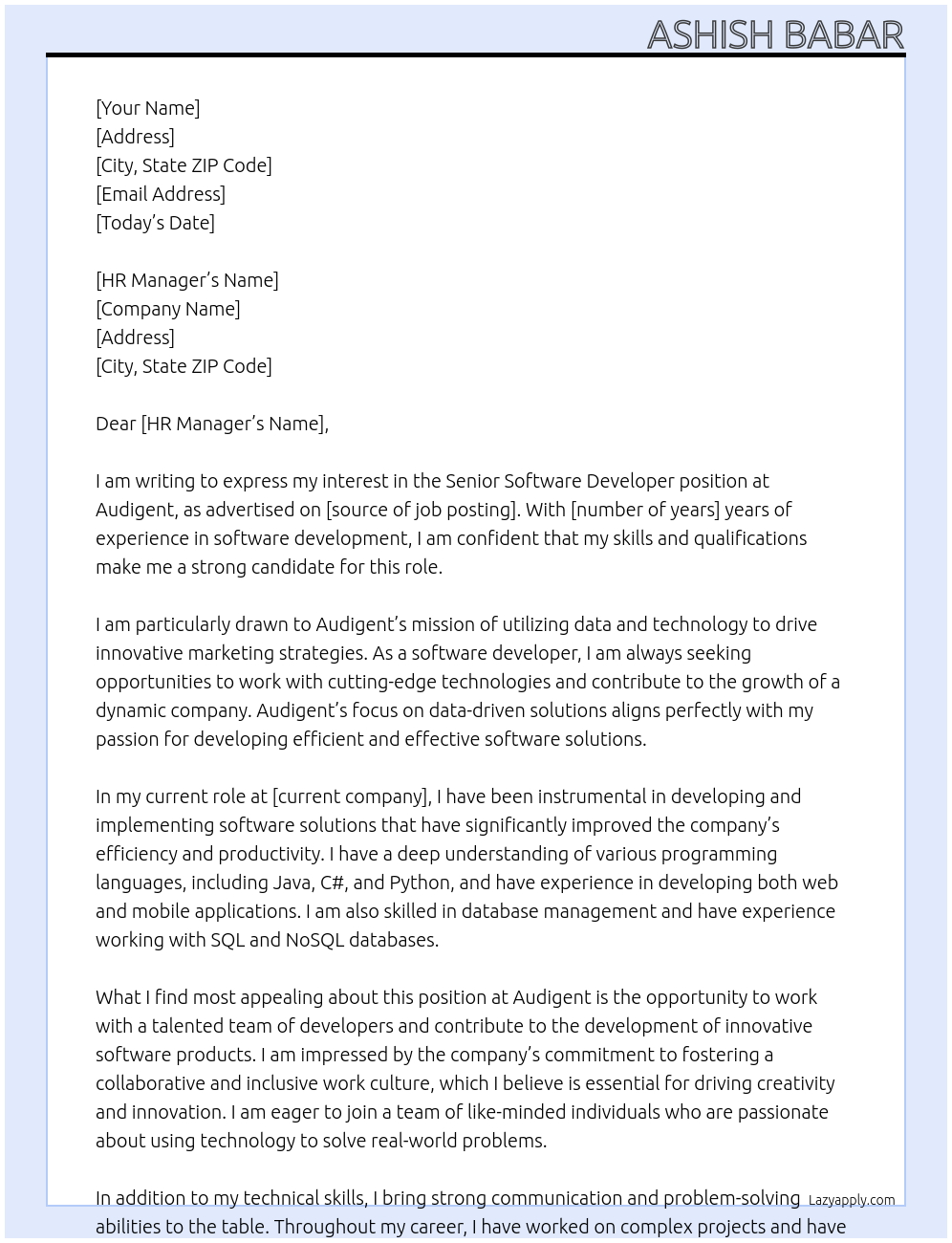 Senior Software Developer At Audigent Cover Letter