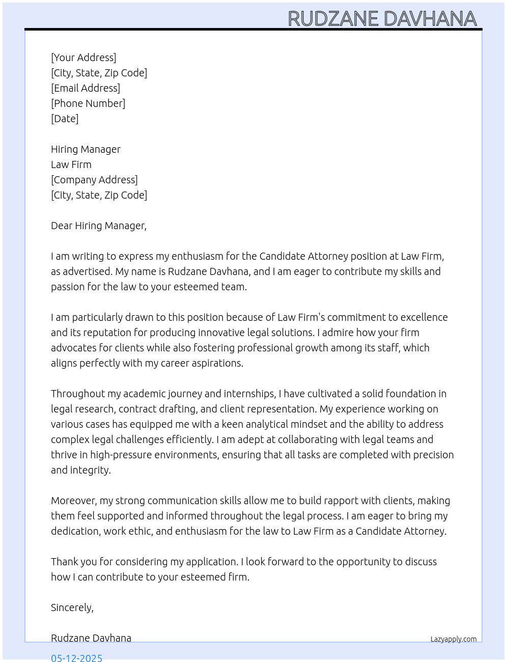 Candidate Attorney At Law firm Cover Letter