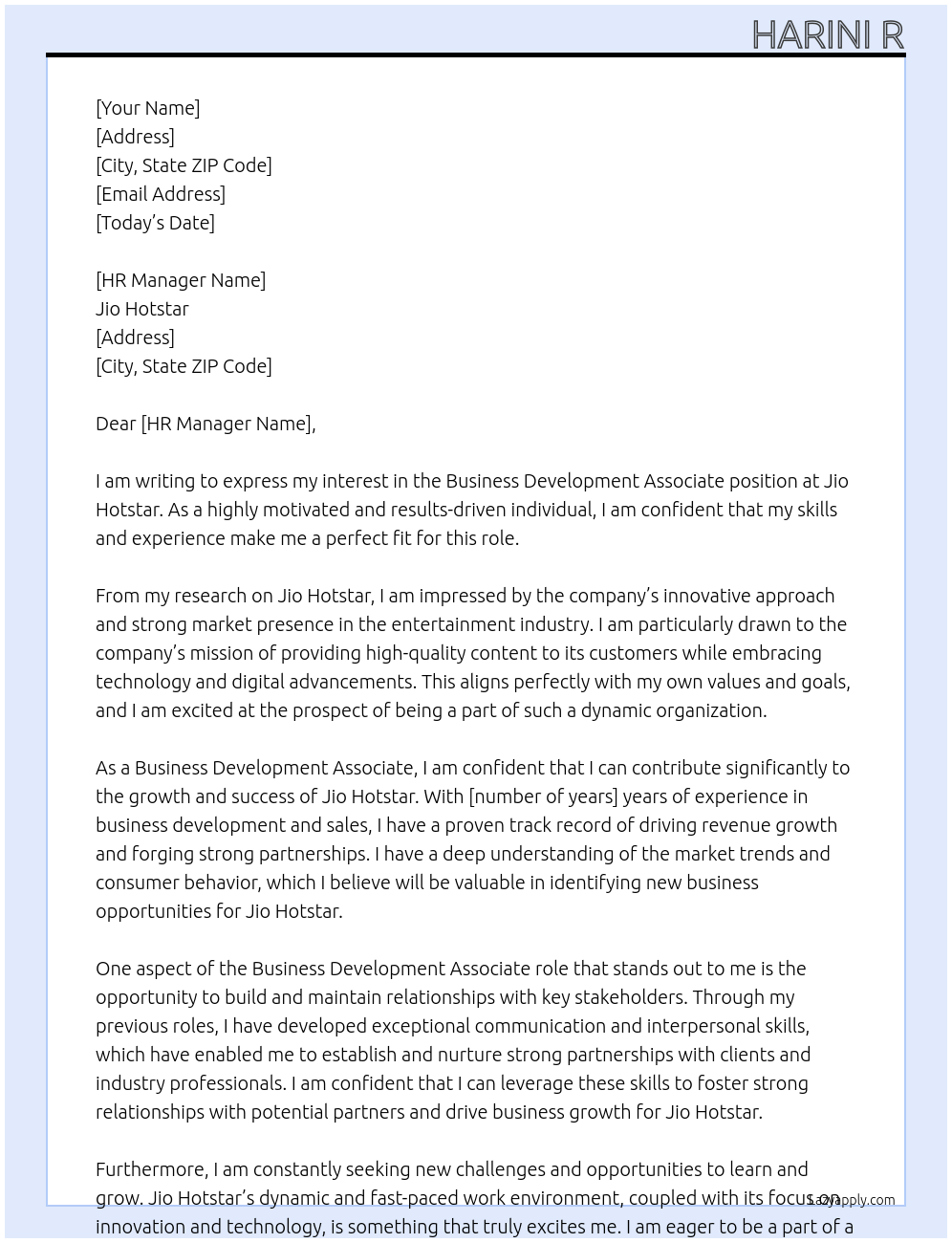 Business development associate At Jio hotstar Cover Letter