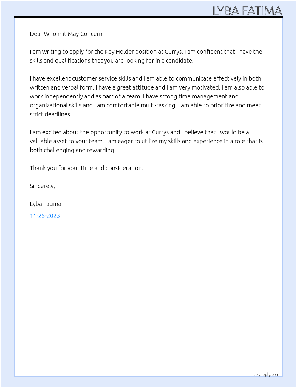 Key Holder At Currys Cover Letter