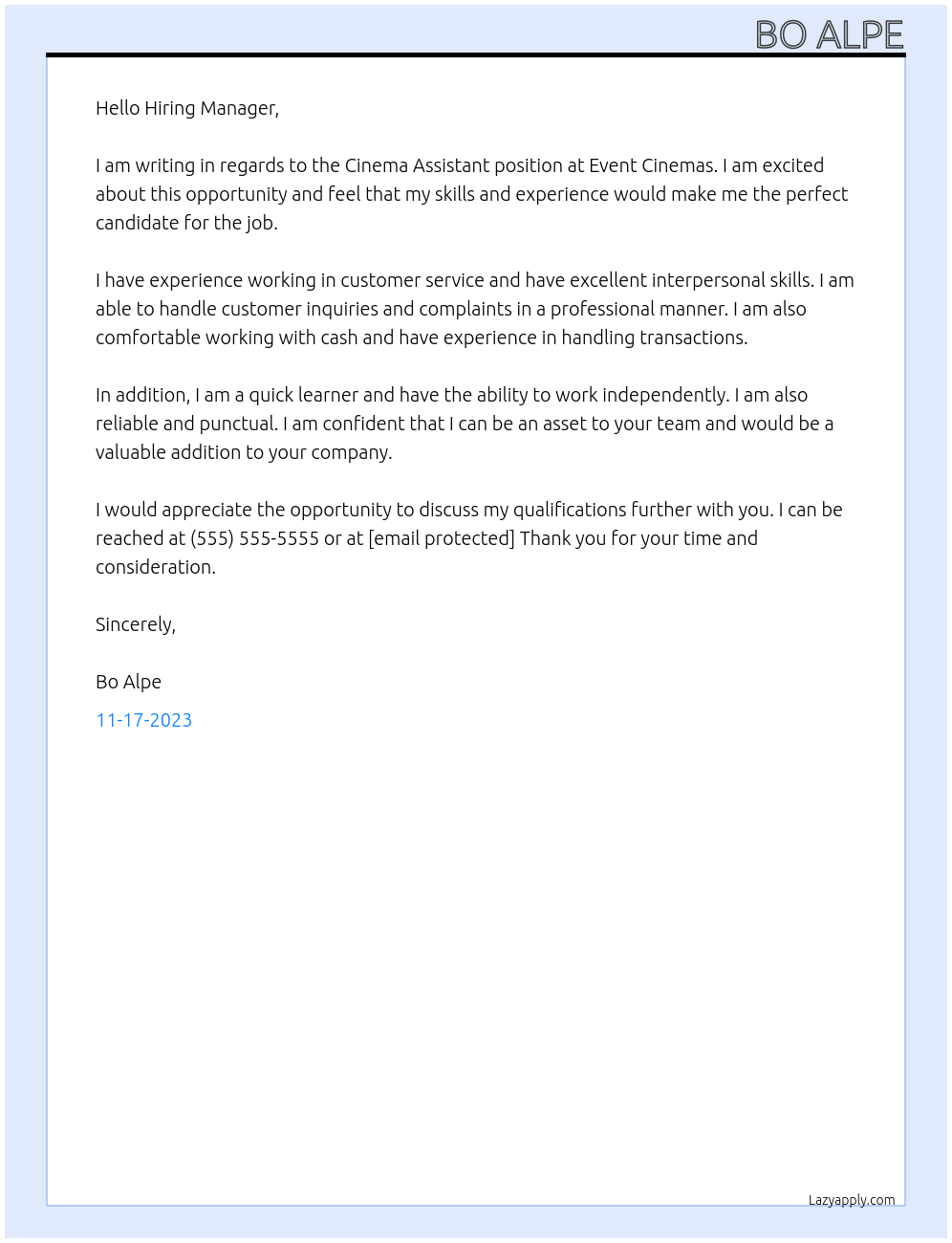 Cinema Assistant  At Event Cinemas  Cover Letter