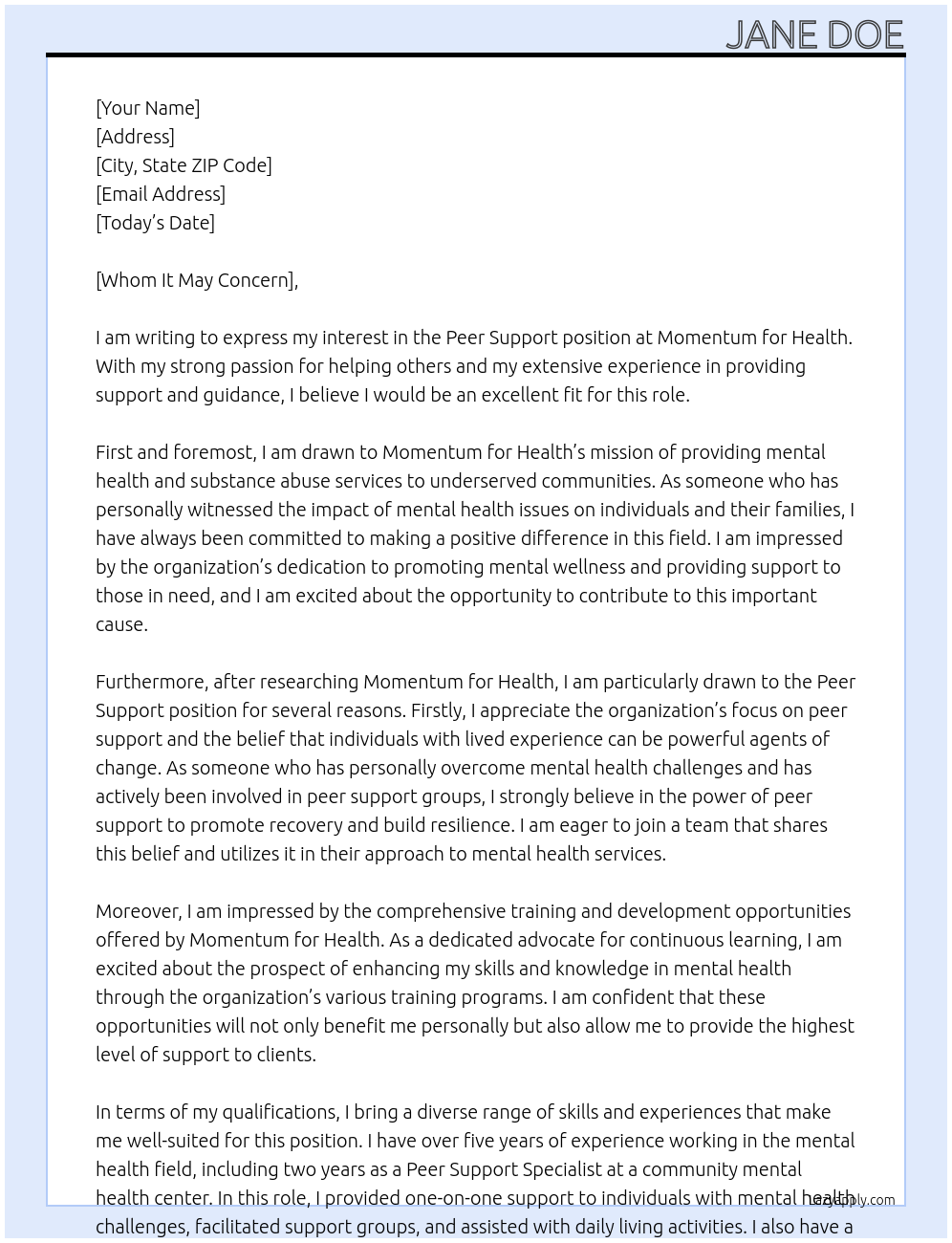 Peer support At Momentum for health Cover Letter