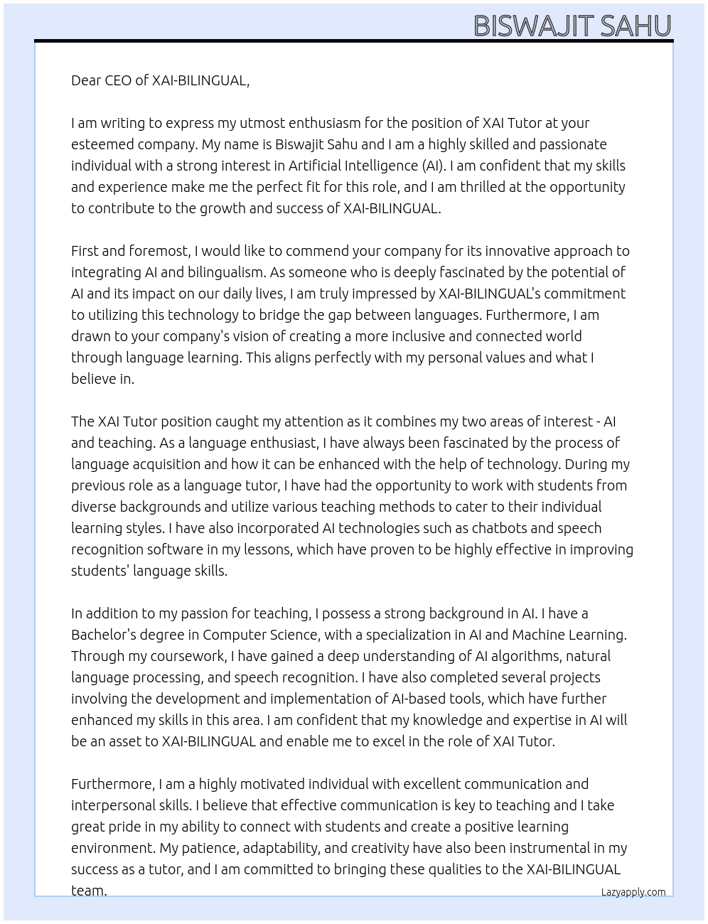 XAI TUTOR  At XAI - BILINGUAL Cover Letter