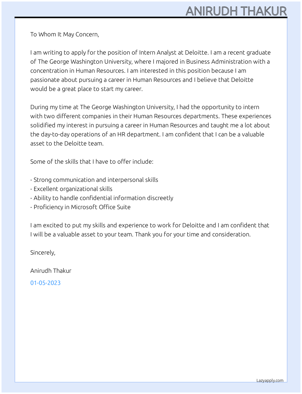 Intern Analyst  At Deloitte Cover Letter