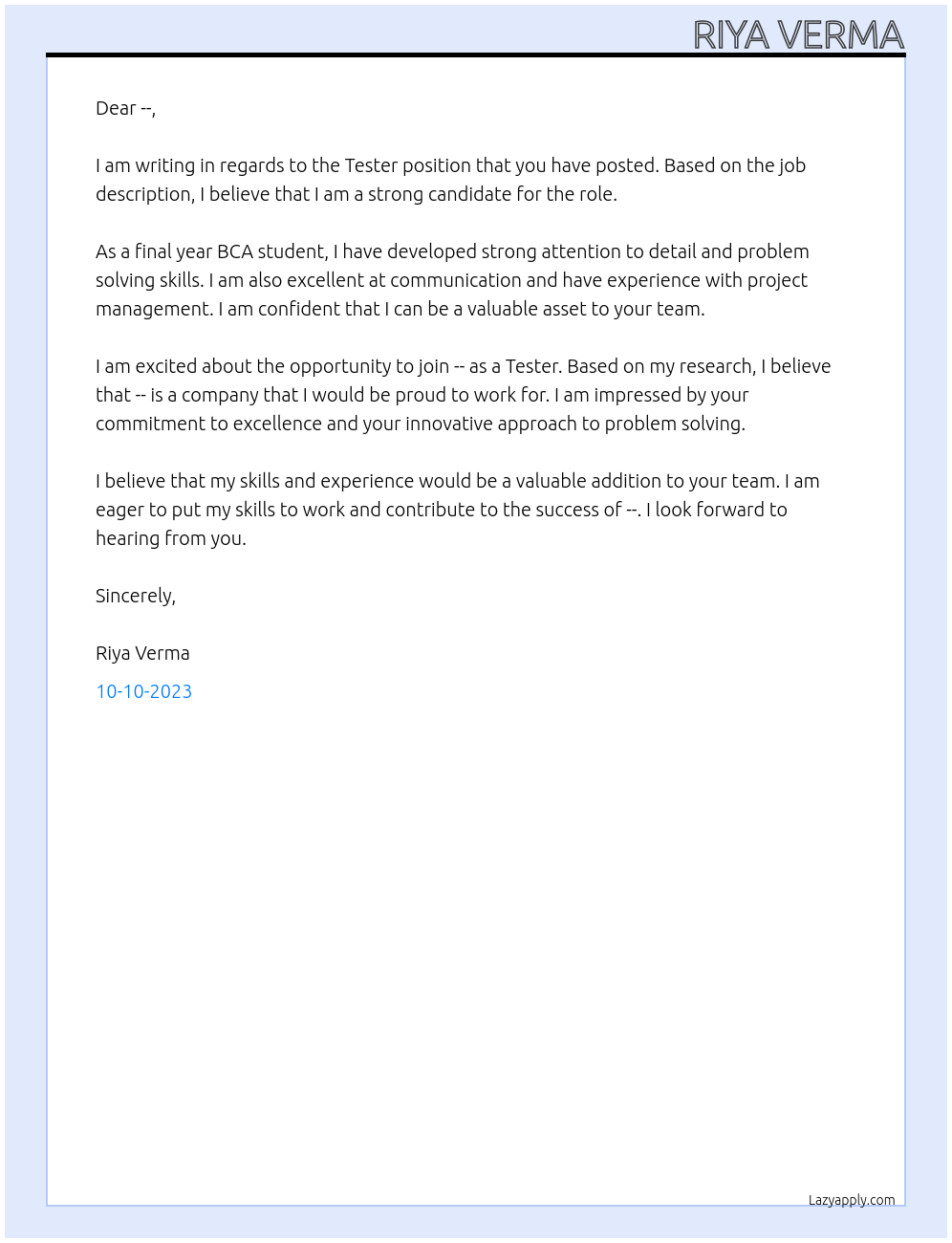 Tester  At -- Cover Letter