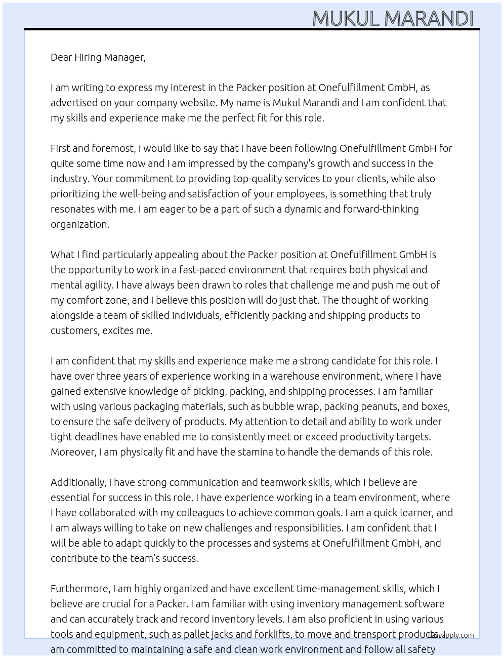 Packer At Onefulfillment GmbH Cover Letter