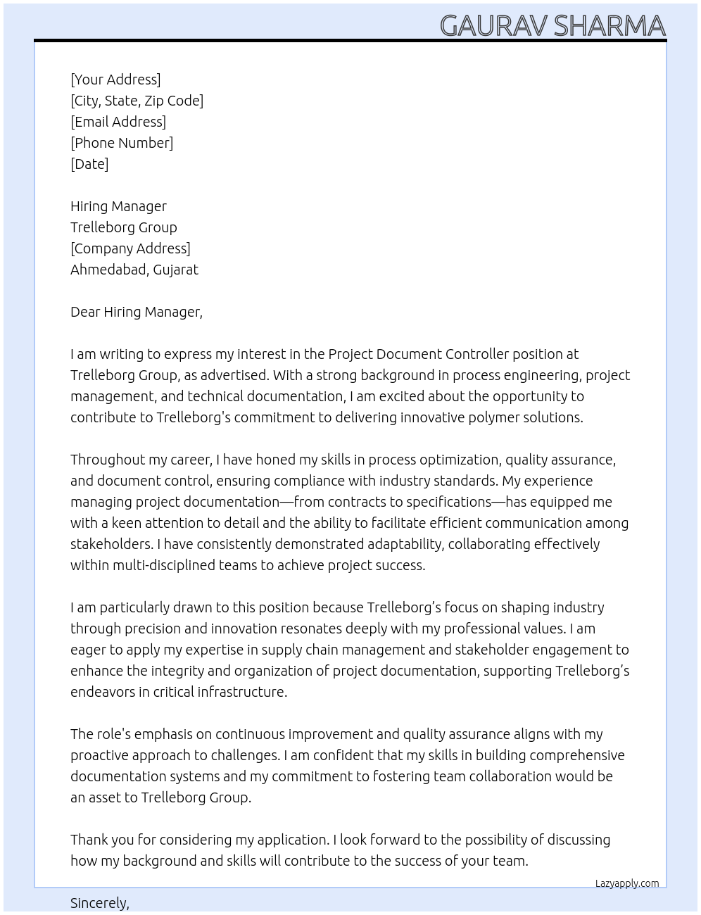 Cover letter for project document controller - LazyApply