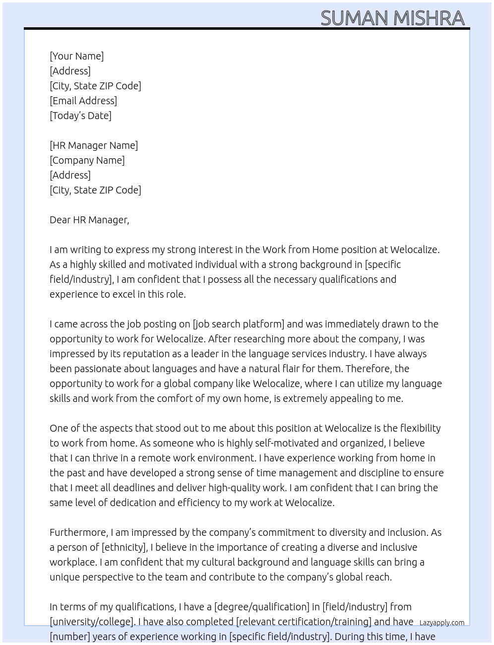 Work from home At Welocalize Cover Letter