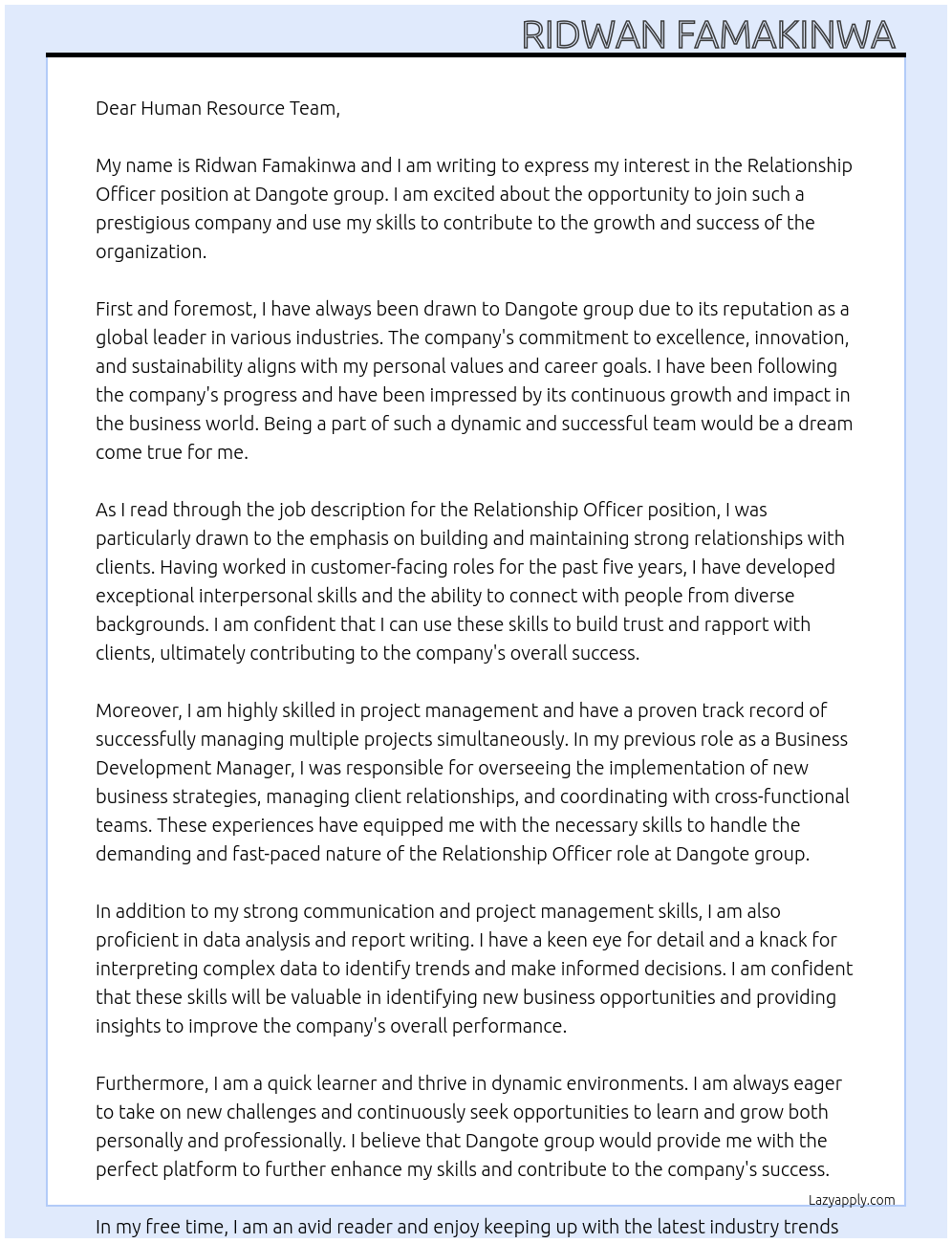 Relationship Officer  At Dangote group  Cover Letter