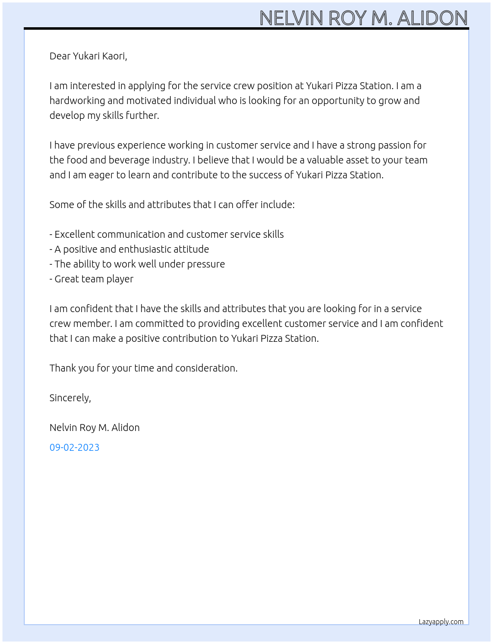 service crew At Yukari Pizza Station Cover Letter