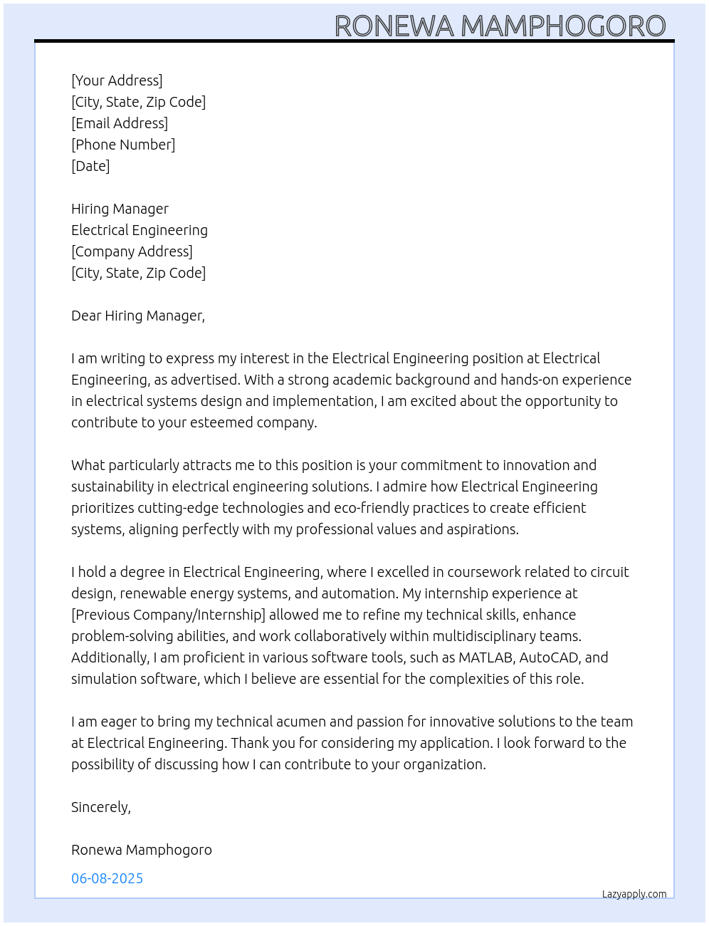 Electrical engineering At Electrical engineering Cover Letter