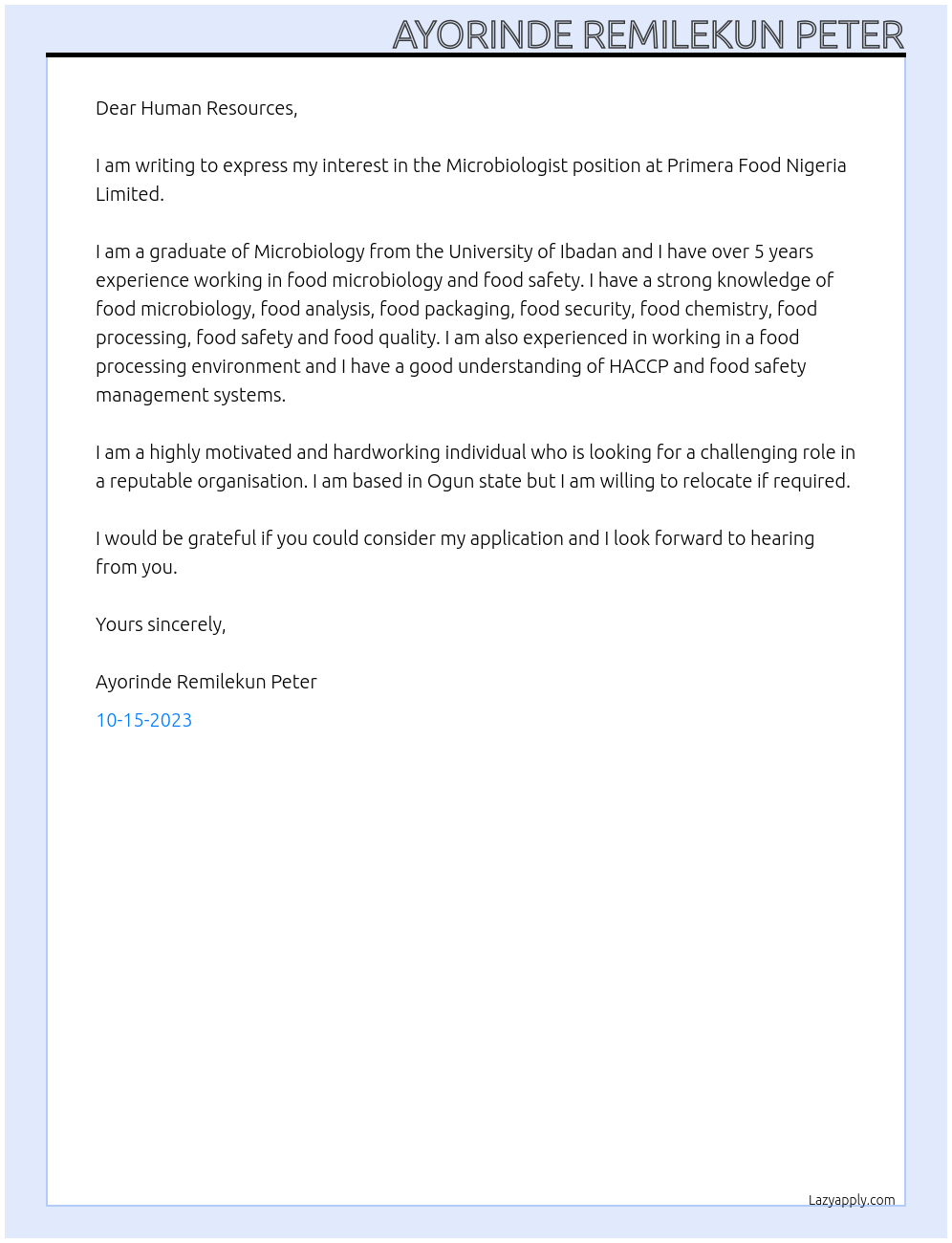 Microbiologist At Primera Food Nigeria Limited Cover Letter