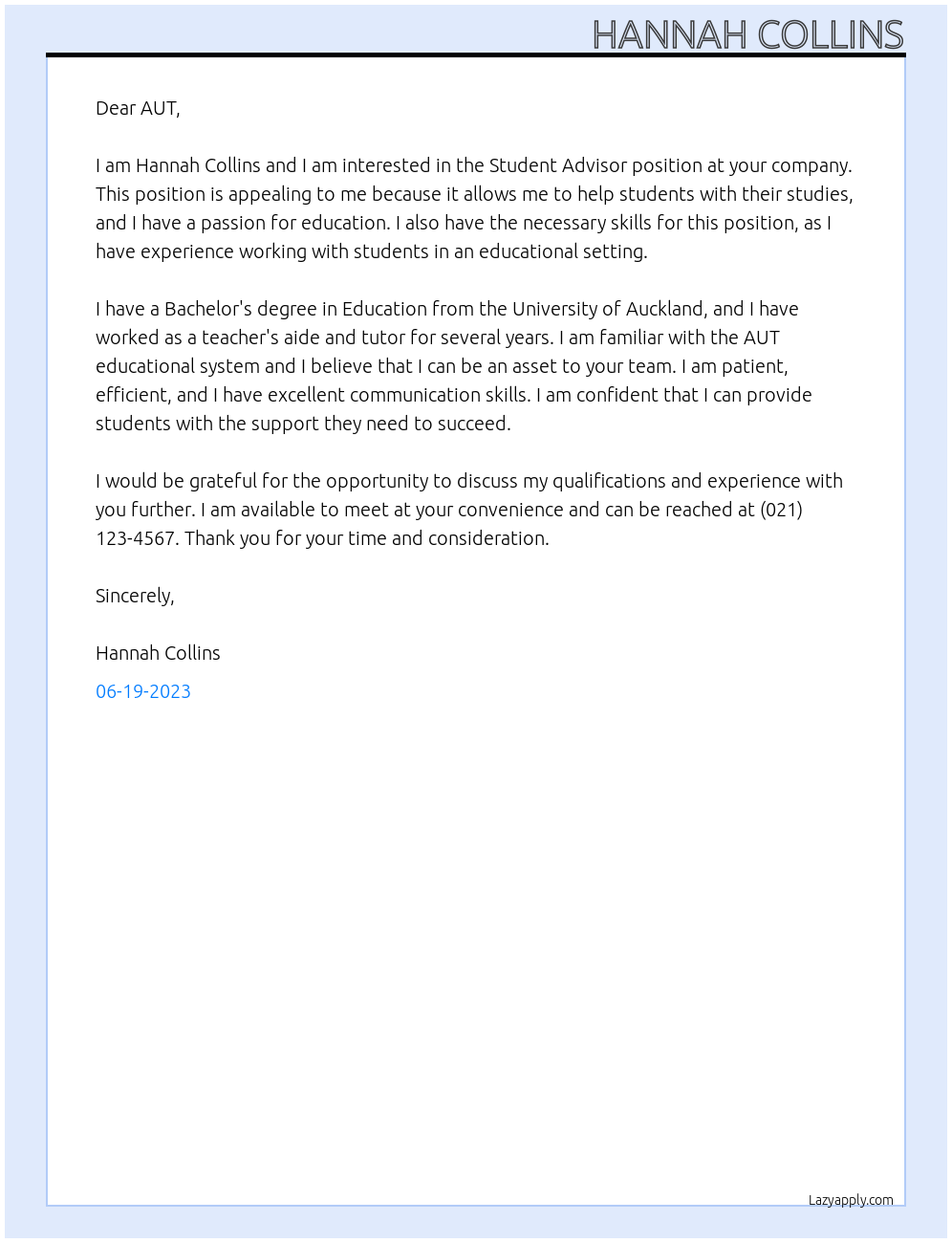 Student Advisor At AUT Cover Letter