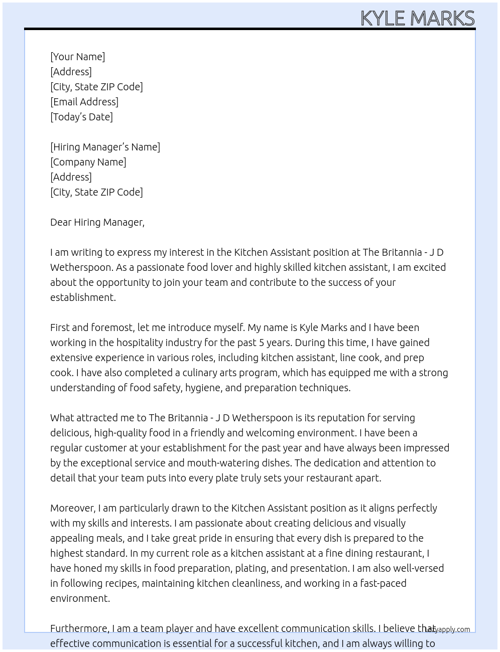 Kitchen Assistant At The Britannia - J D Wetherspoon Cover Letter