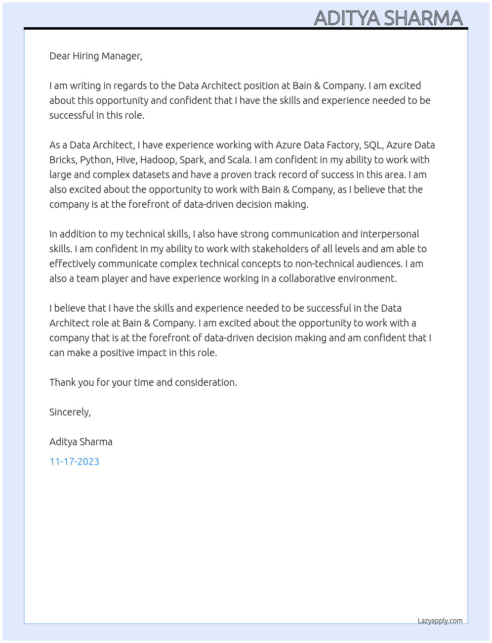 Data Architect At Bain & Company Cover Letter