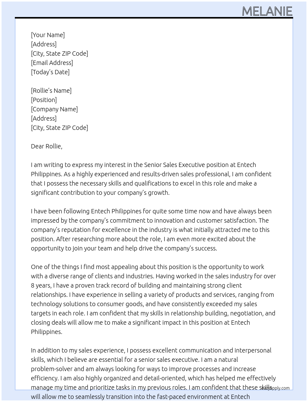 Senior Sales Executive At Entech Philippines Cover Letter