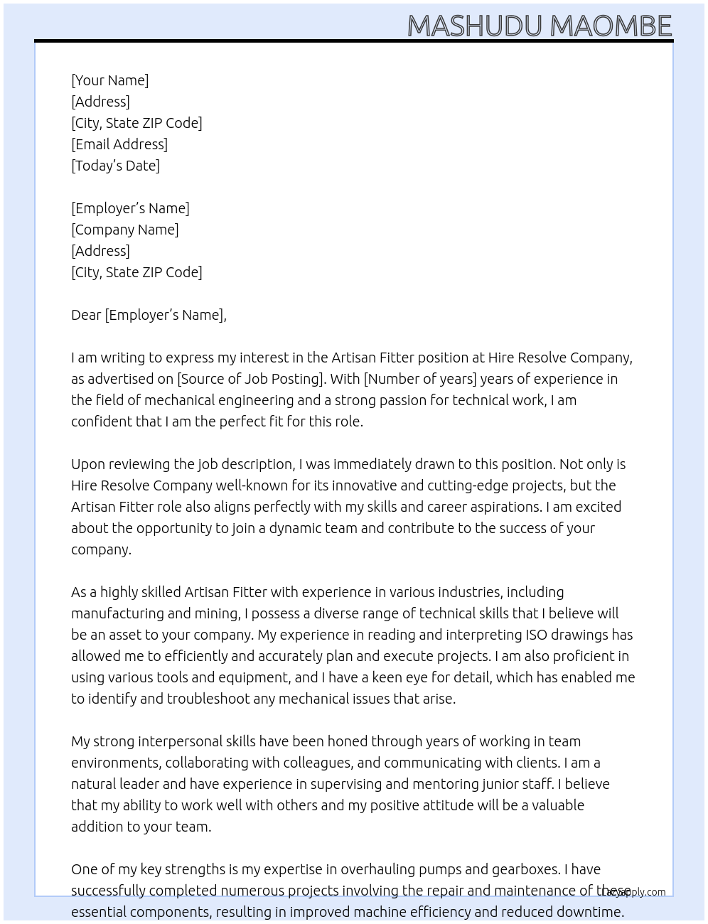 Artisan Fitter At Hire Resolve company  Cover Letter