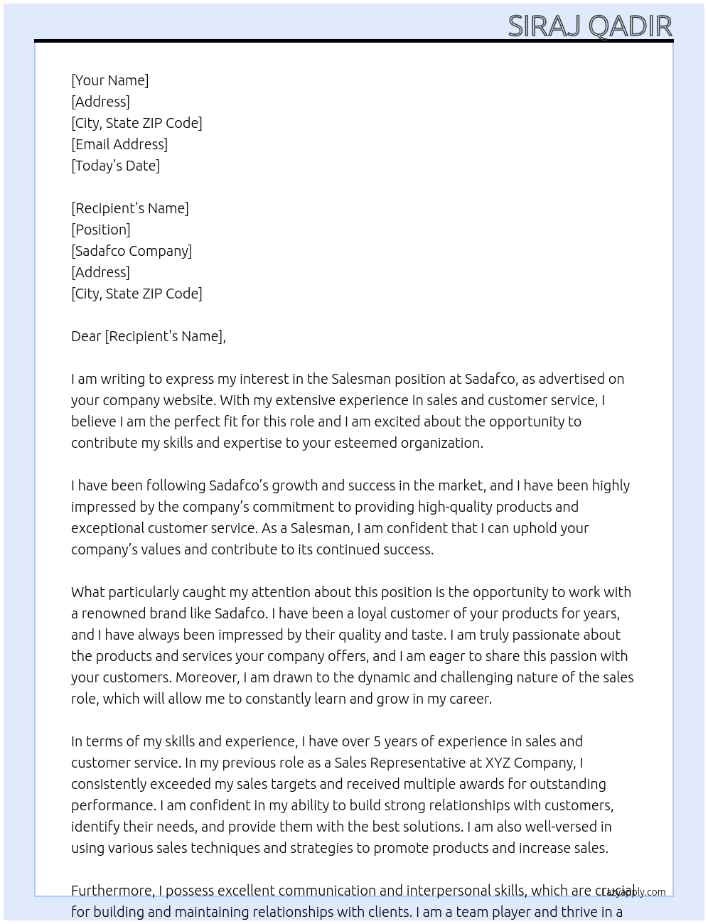 Salesman At Sadafco Cover Letter