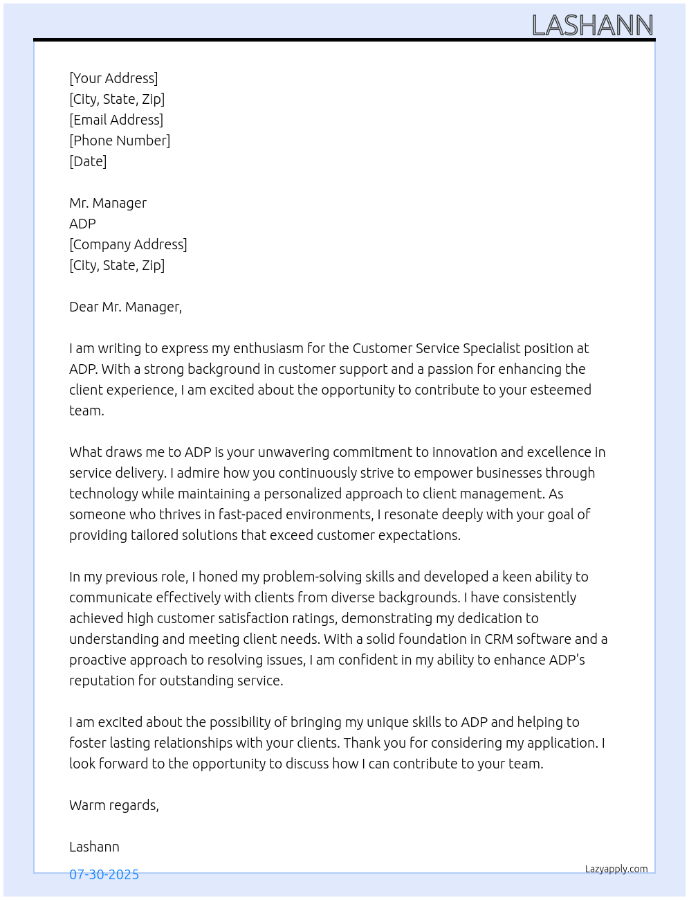 customer service specialist At adp Cover Letter