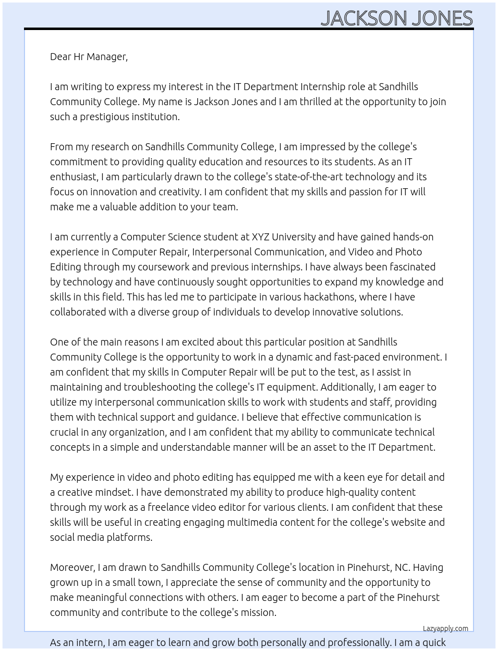 IT Department  At Sandhills Community College  Cover Letter