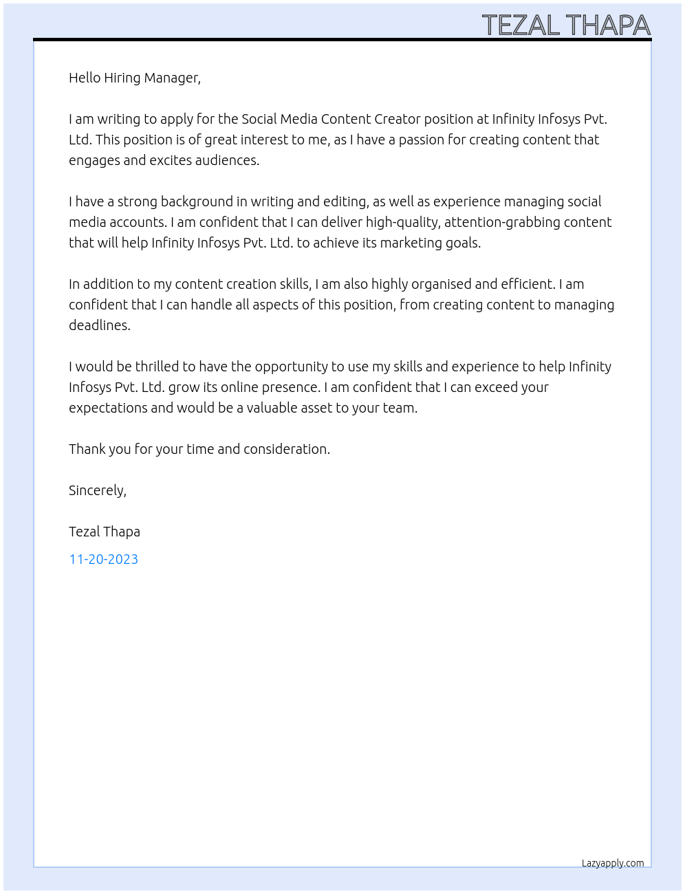 Social Media Content Creator At Infinity Infosys Pvt. Ltd. Cover Letter