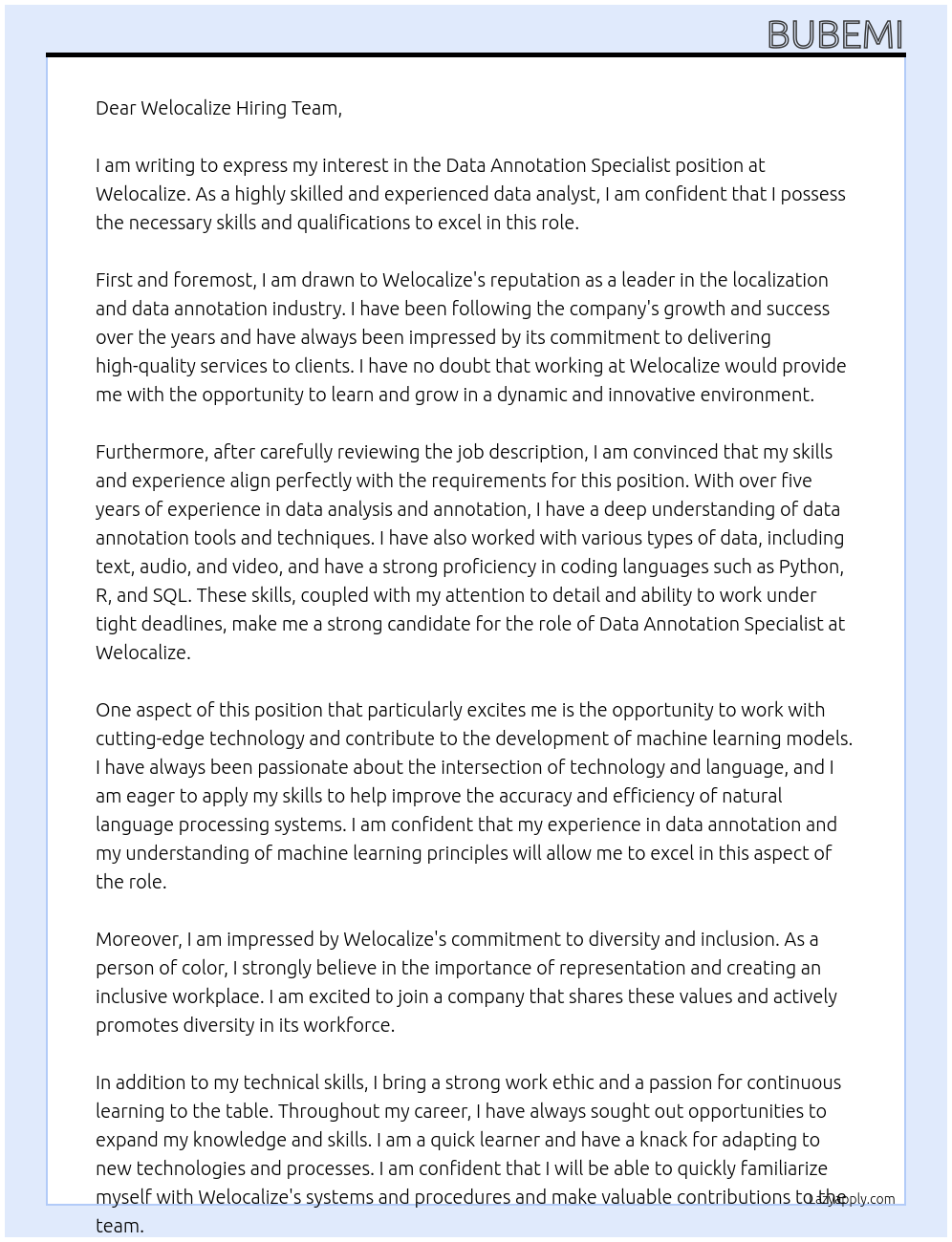 Data Annotation Specialist At Welocalize Cover Letter