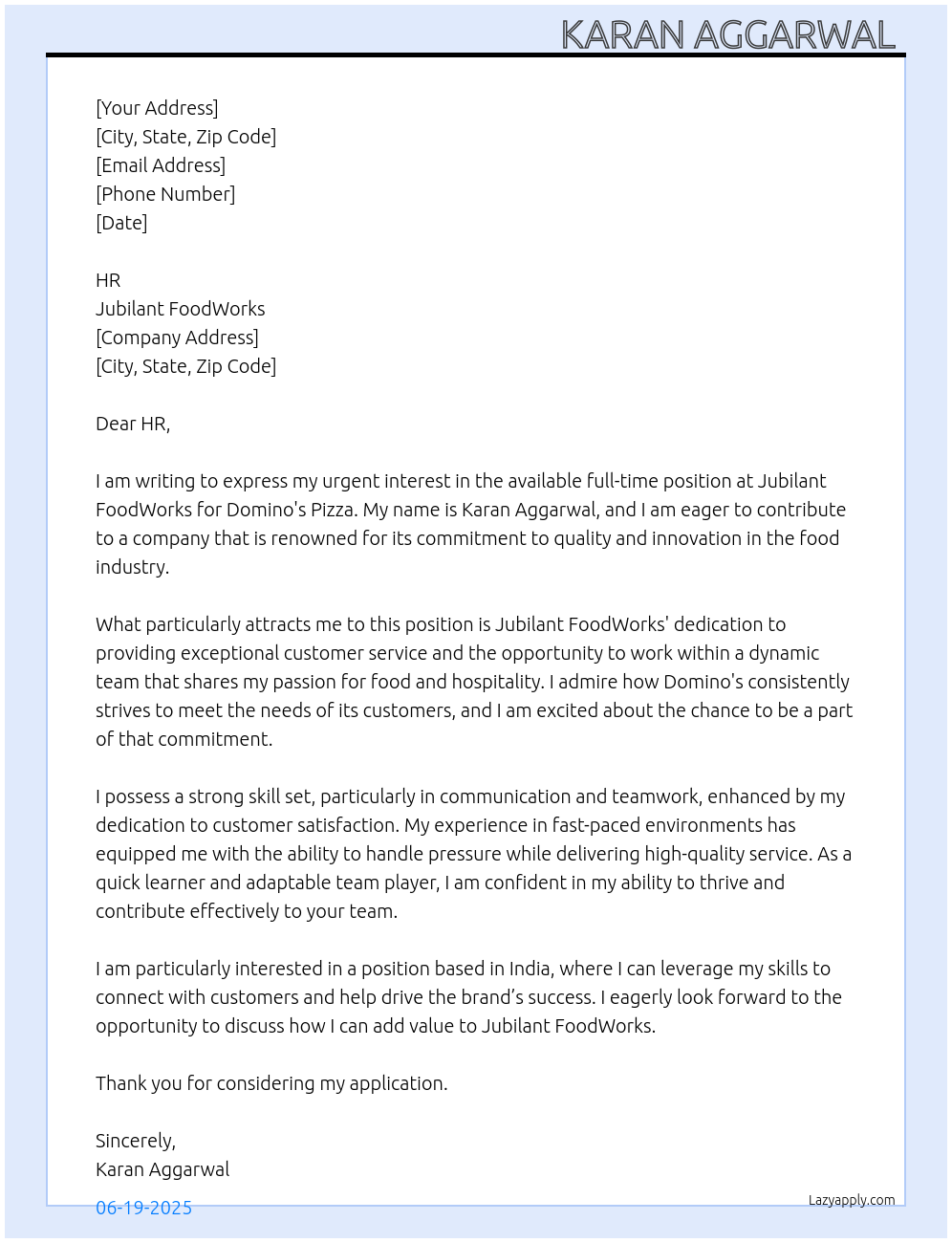 Cover letter for dominos pizza jubilantland food work - LazyApply