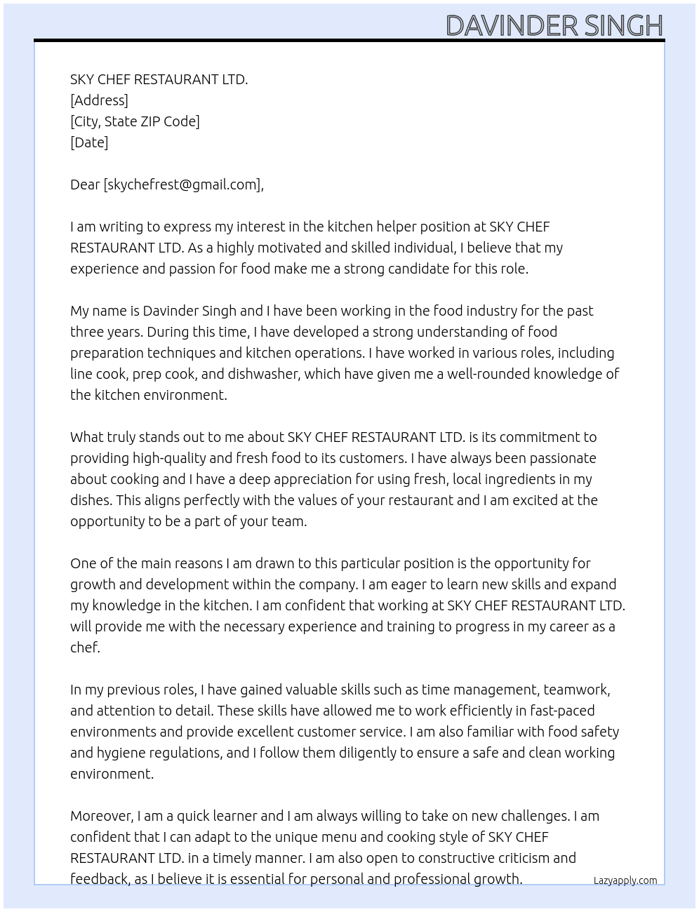kitchen helper  At SKY CHEF RESTAURANT LTD. Cover Letter