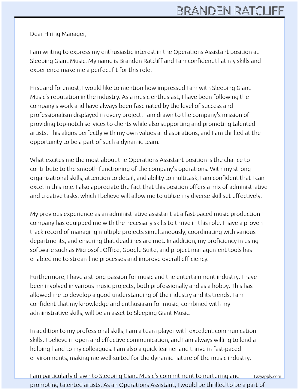 Operations Assistant At Sleeping Giant Music Cover Letter