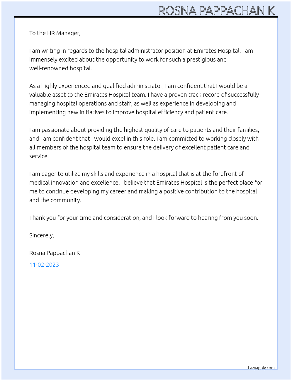 HOSPITAL ADMINISTRATOR At EMRIATES HOSPITAL  Cover Letter