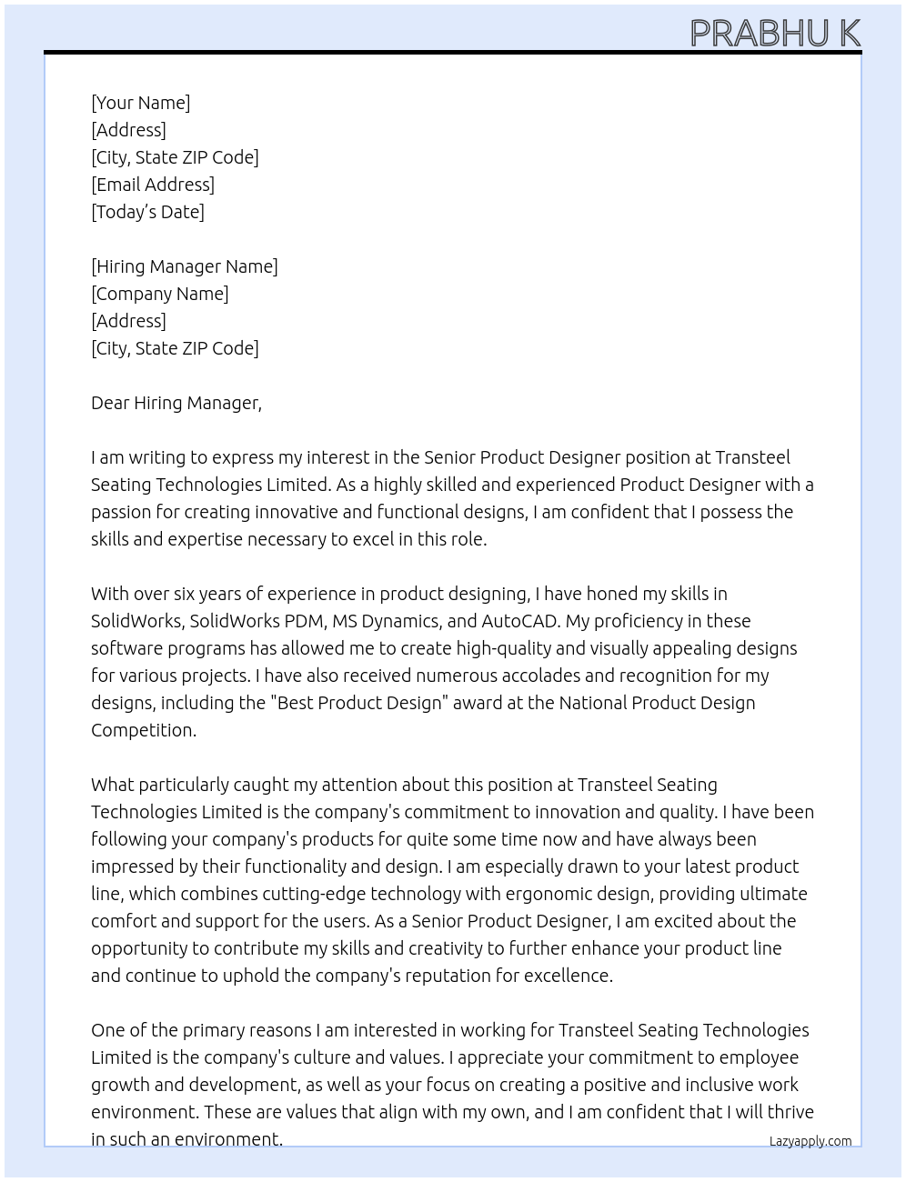 Senior Product Designer At  Transteel Seating Technologies Limited Cover Letter