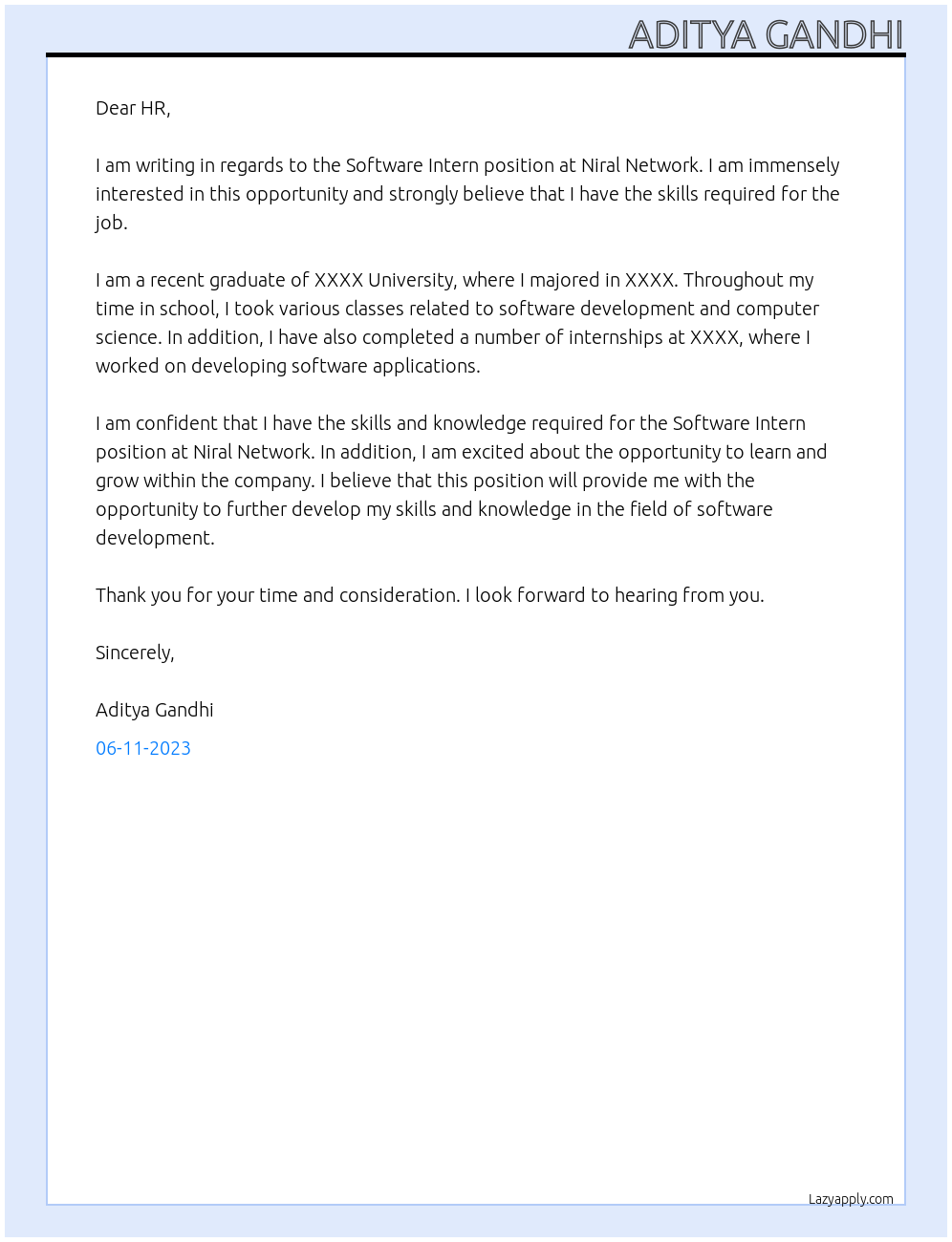Software Intern At Niral Network Cover Letter